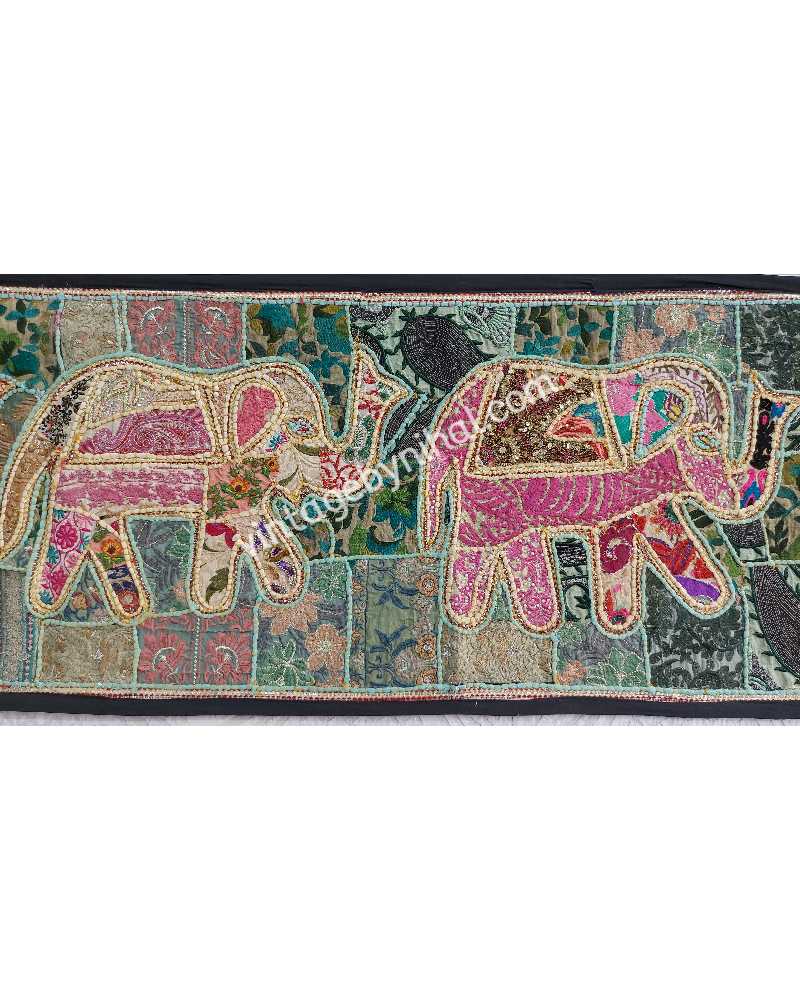 Bottle Green Saree Patchwork ELEPHANT FAMILY Tapestry 